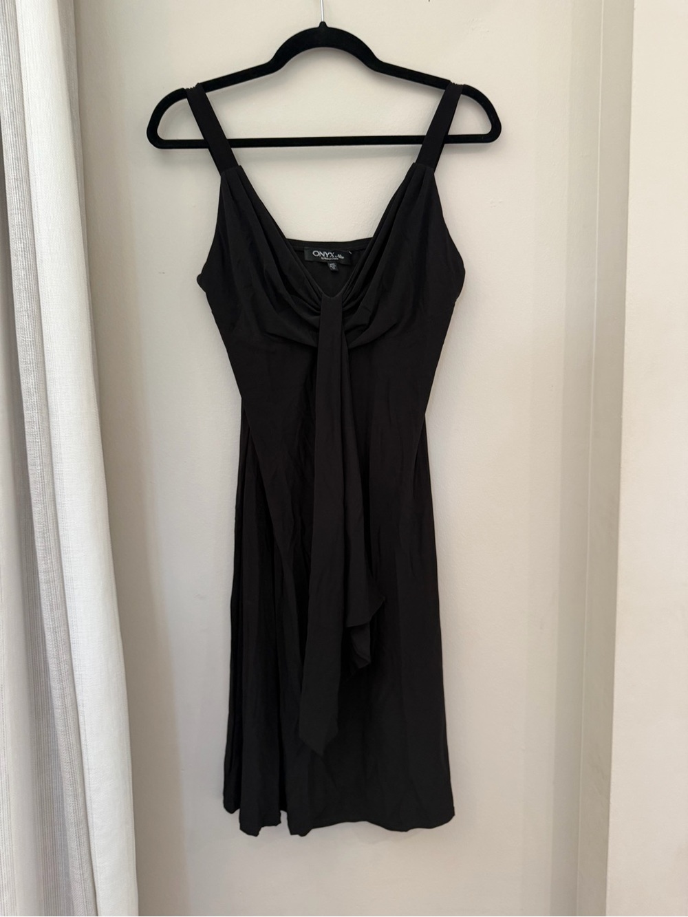 Onyx Nite Black Mini Dress with Front Drape